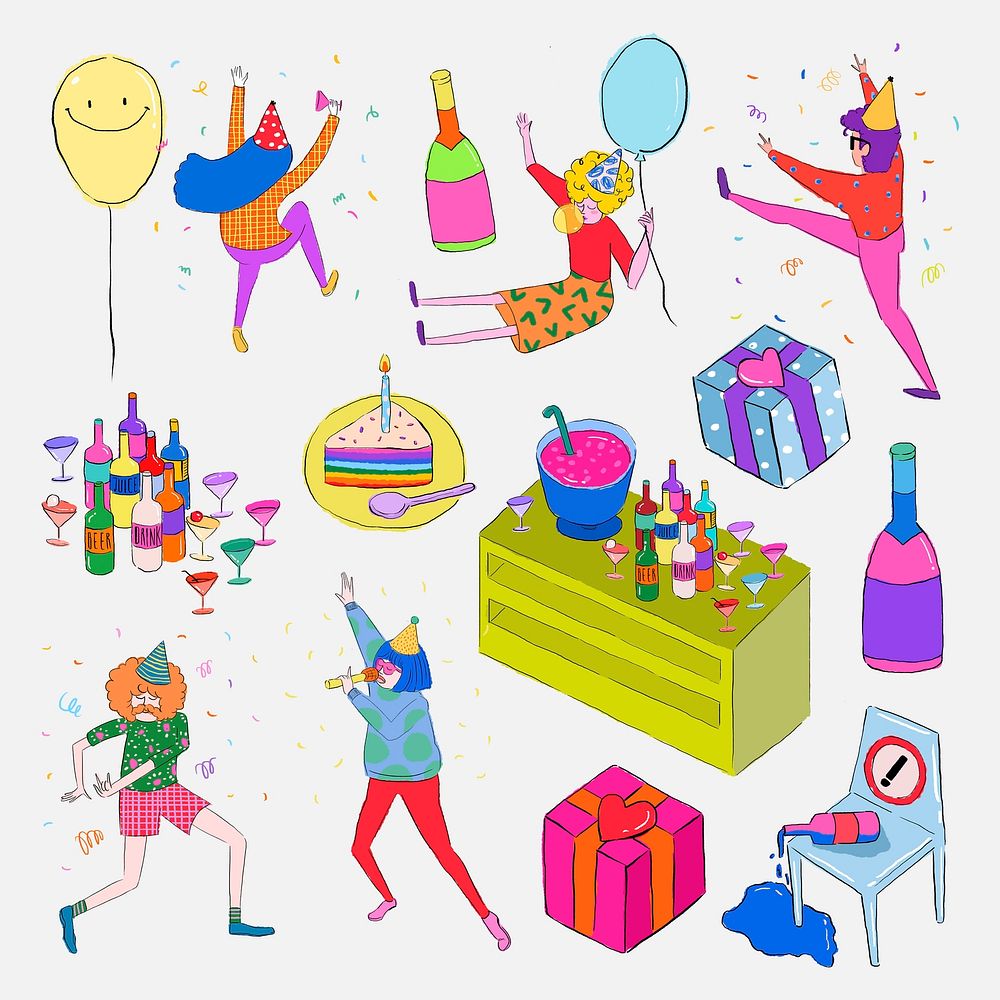 Cute party collage element, drawing illustration set psd