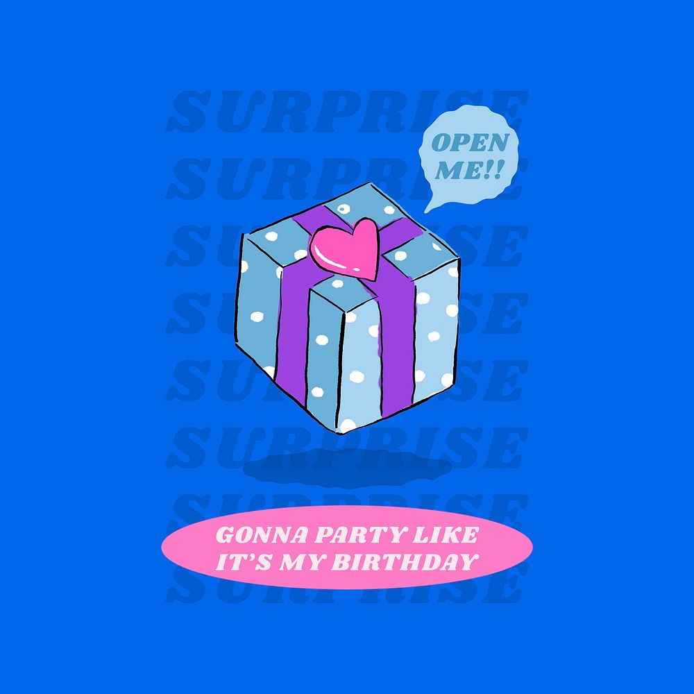 Surprise present collage element, cute party sticker on blue background psd