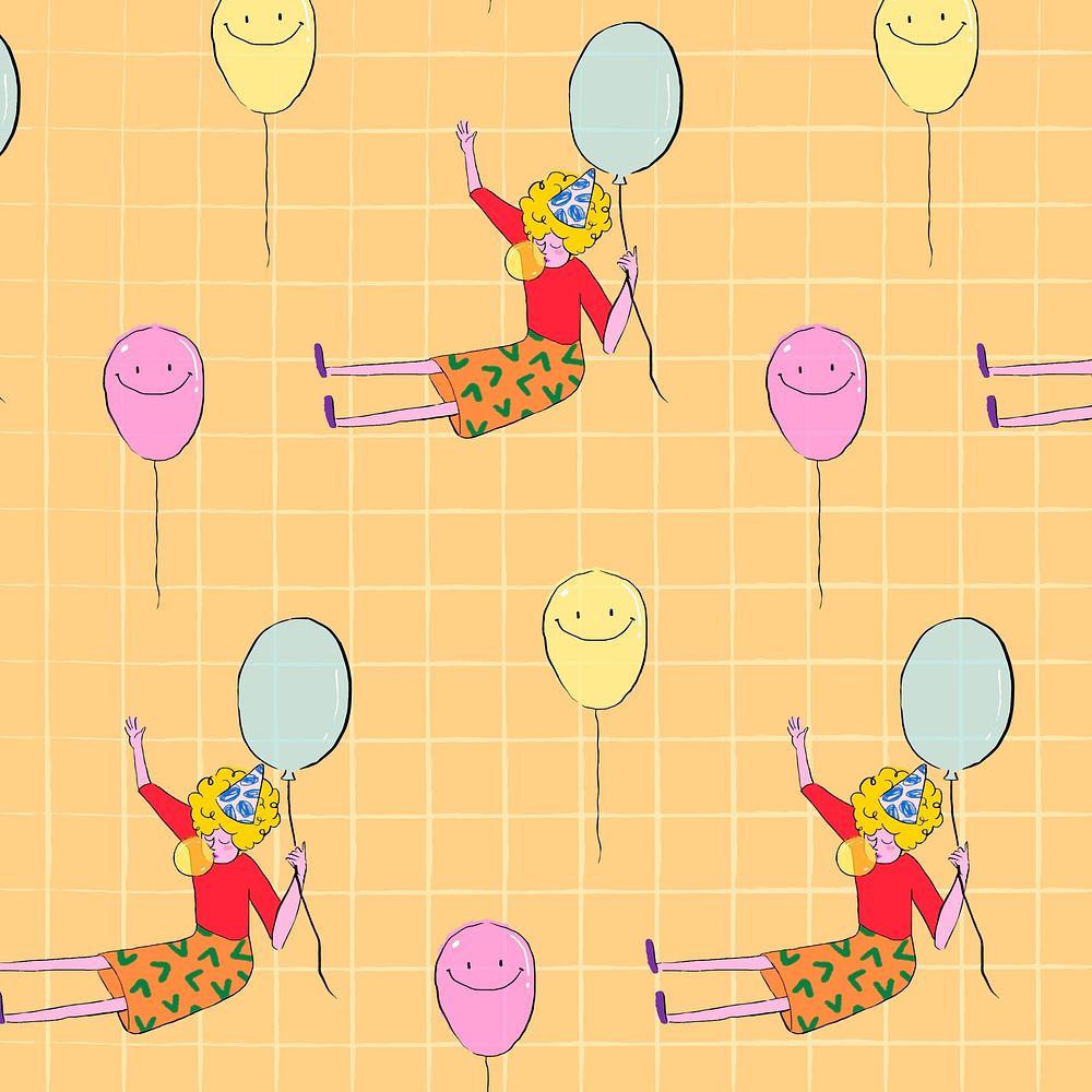 Girl holding balloon pattern background, drawing illustration, orange seamless design psd