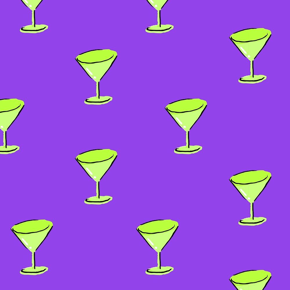 Martini glass pattern purple background, drawing illustration, seamless design psd