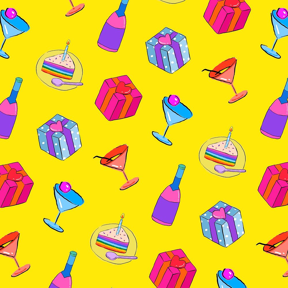 Colorful birthday pattern yellow background, drawing illustration, seamless design vector