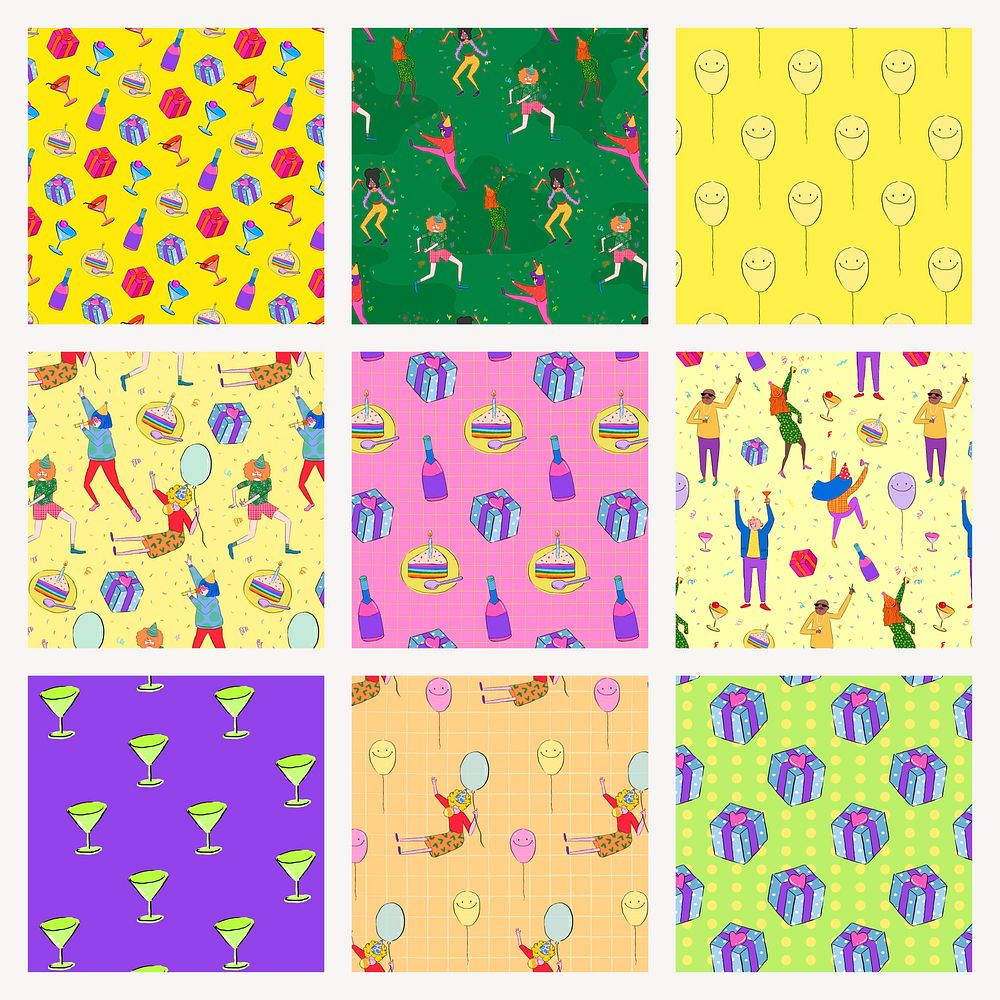 Colorful party pattern background, cartoon illustration, seamless design set vector