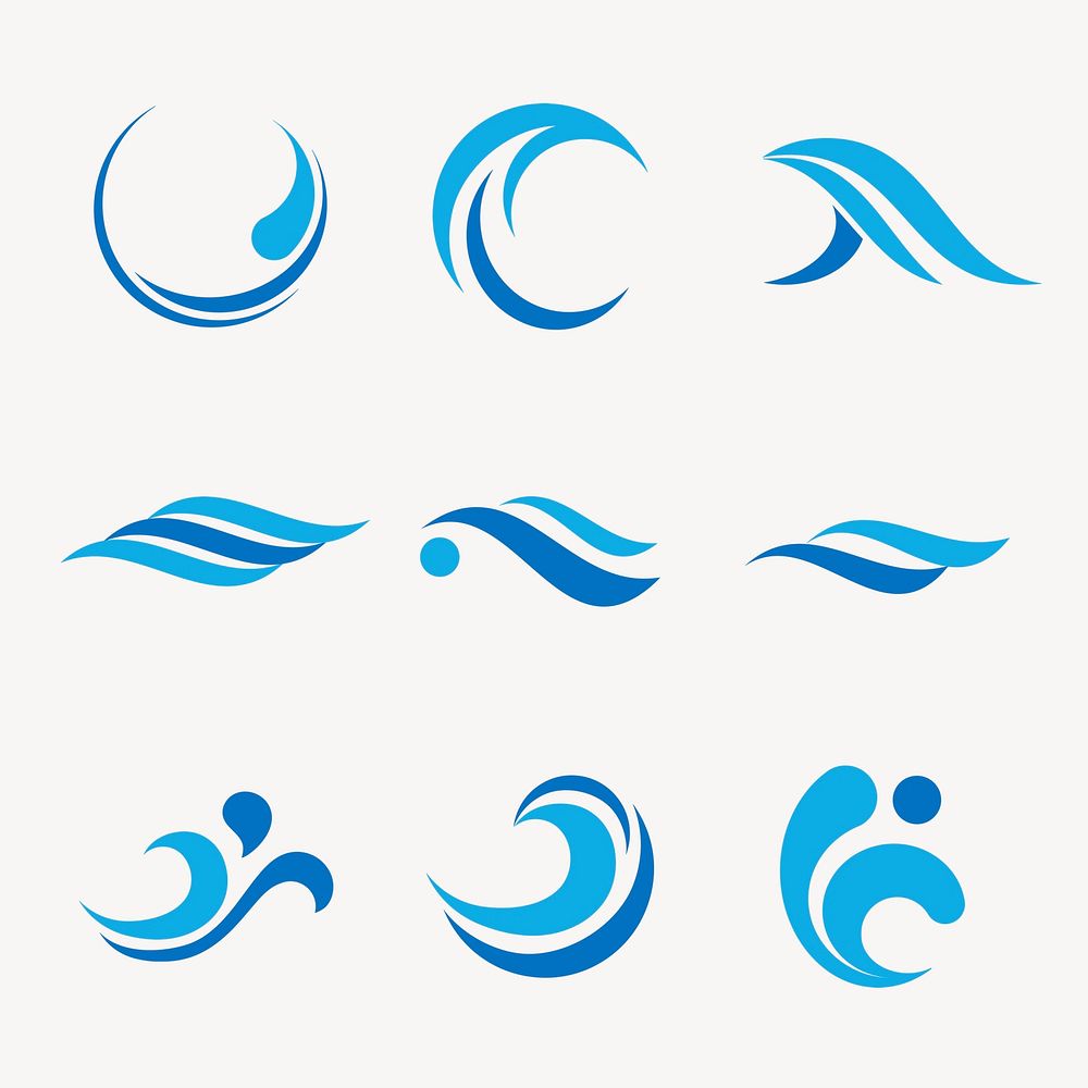 Ocean wave logo element clipart, blue modern flat design psd set