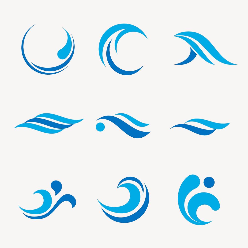 Sea wave logo element clipart, blue modern flat design vector set