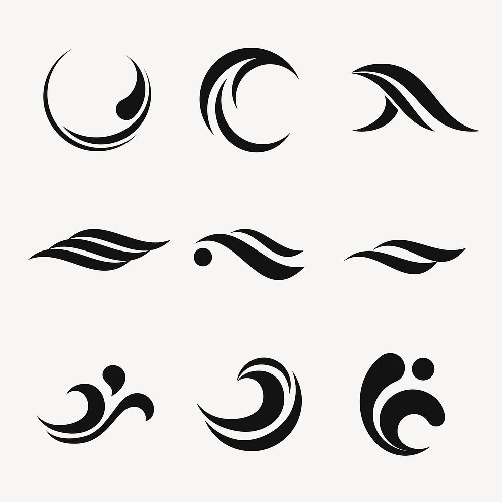 Sea wave logo element sticker, black simple flat design psd set
