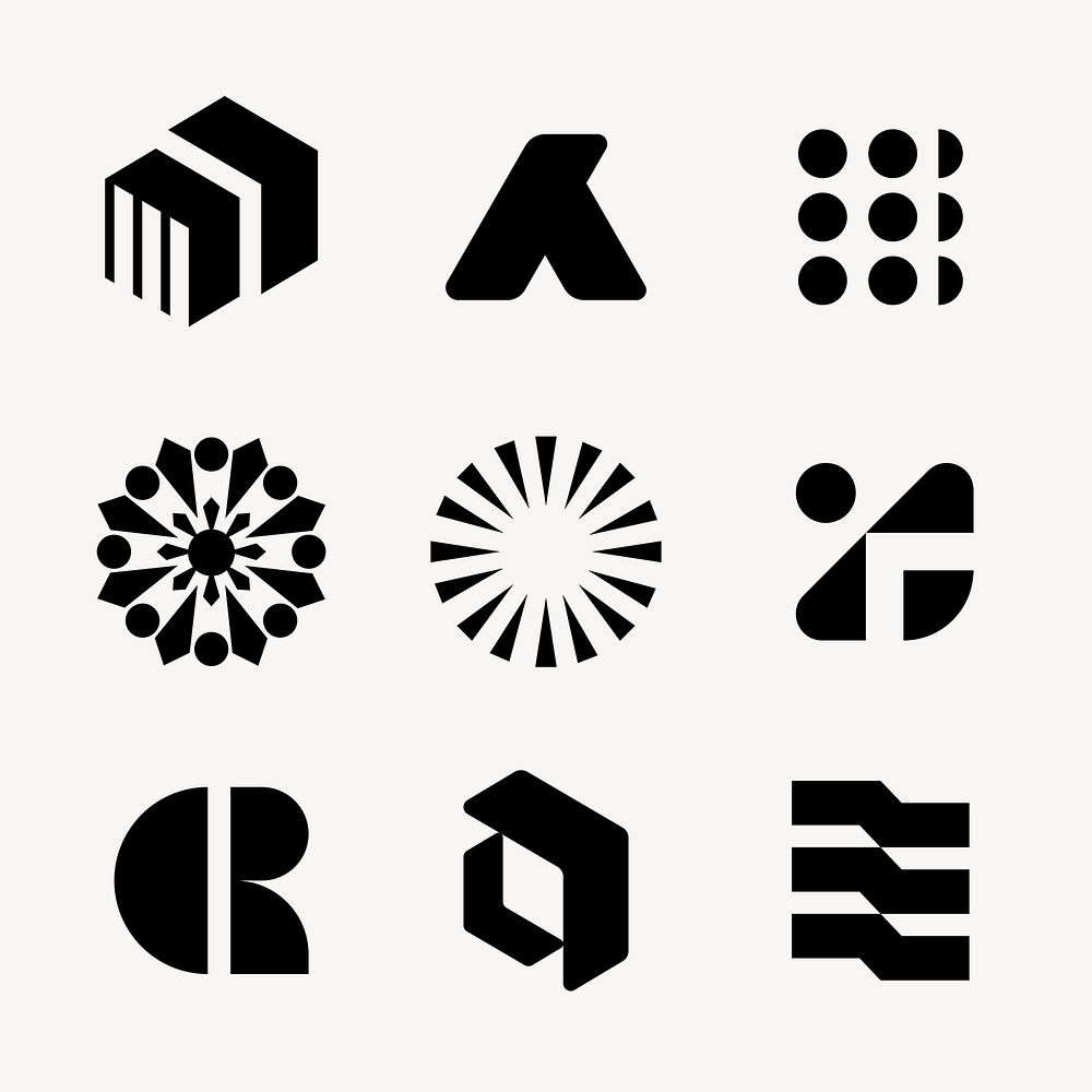 Abstract black logo, geometric shape sticker, business branding design set psd