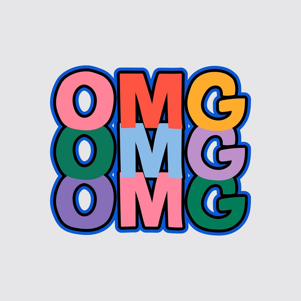 Colorful OMG sticker, cute word pastel design psd