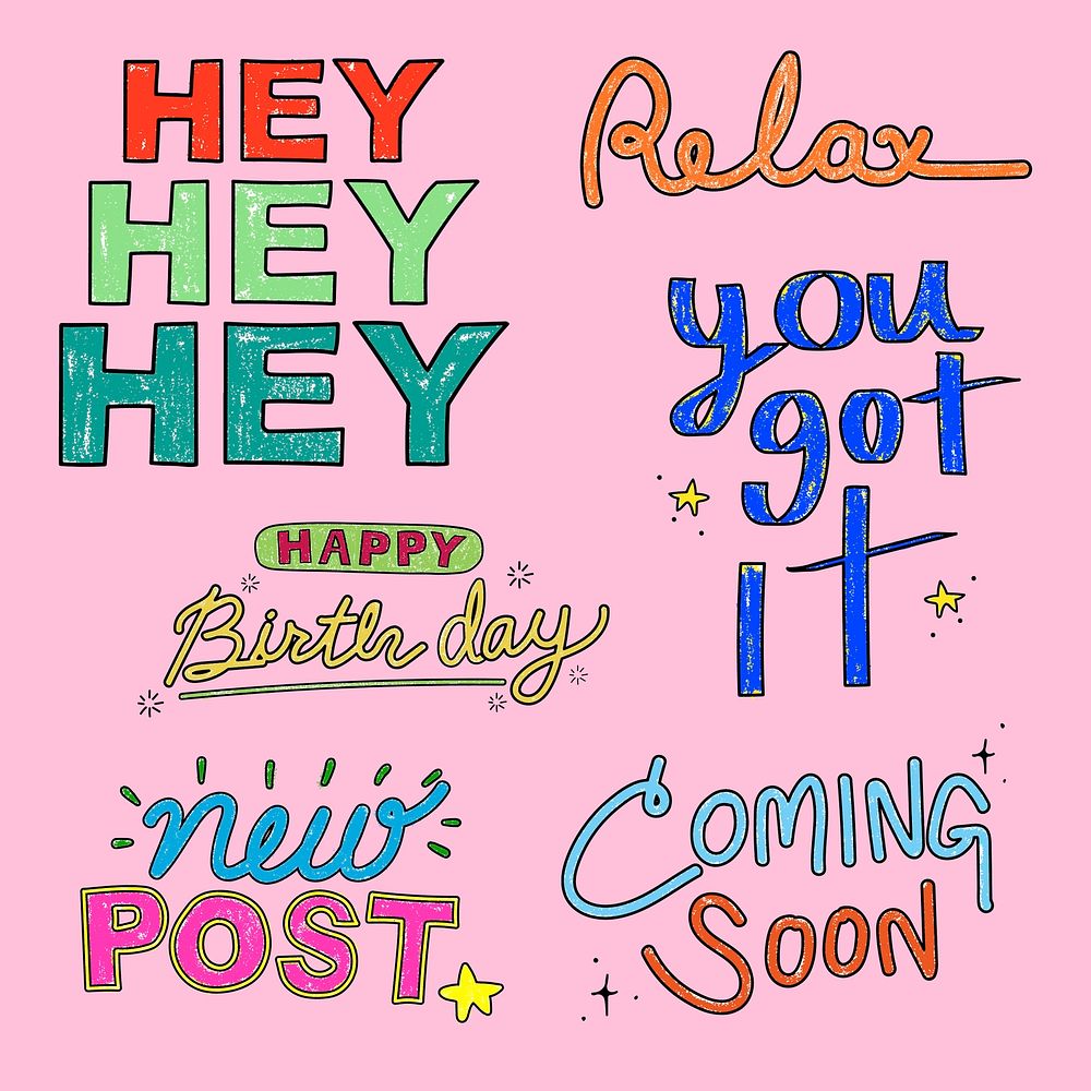 Typography collage clipart, cute pastel colorful design vector collection