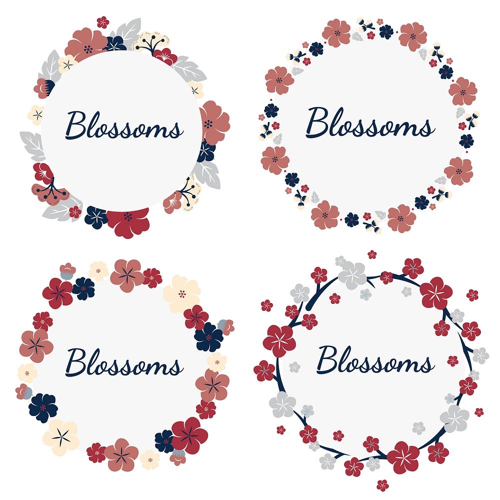 Round red floral badges vector set