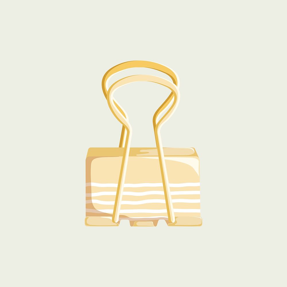 Gold binder clip sticker, office stationery illustration vector