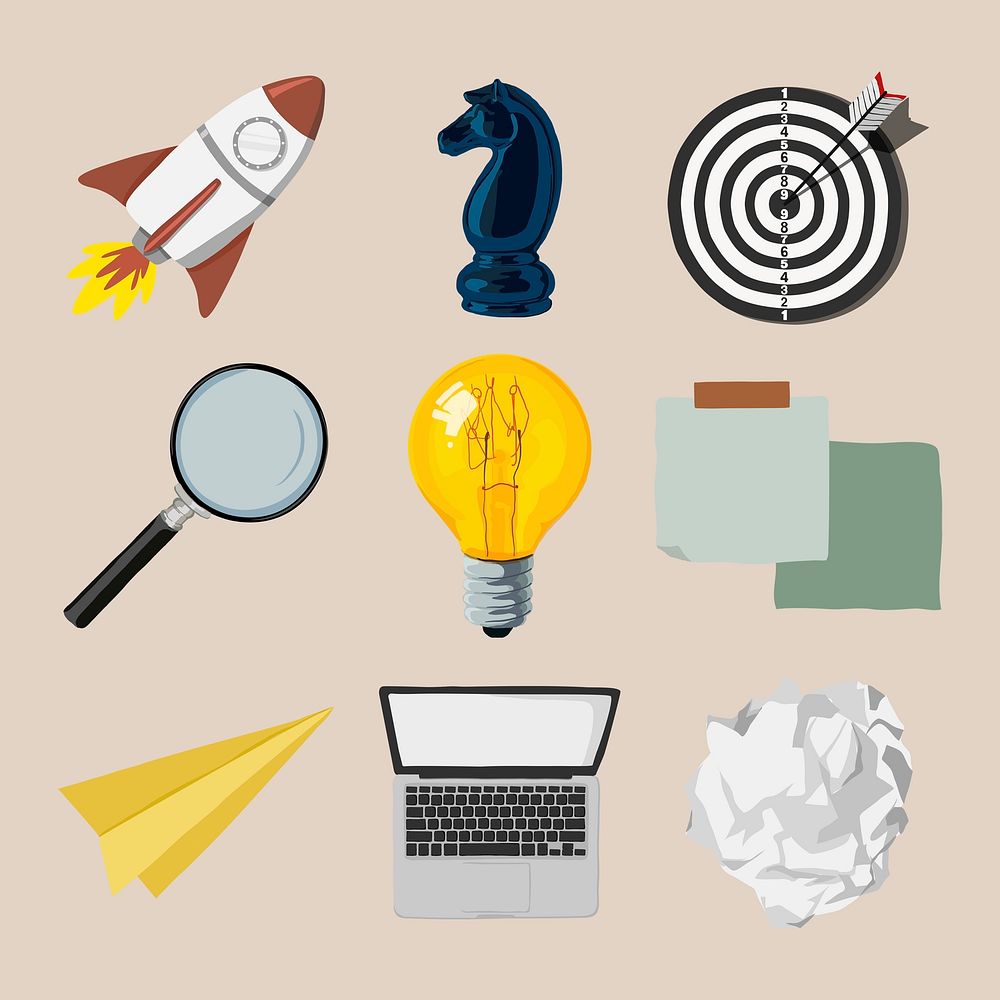 Business marketing sticker, creative strategy & planning concept psd set