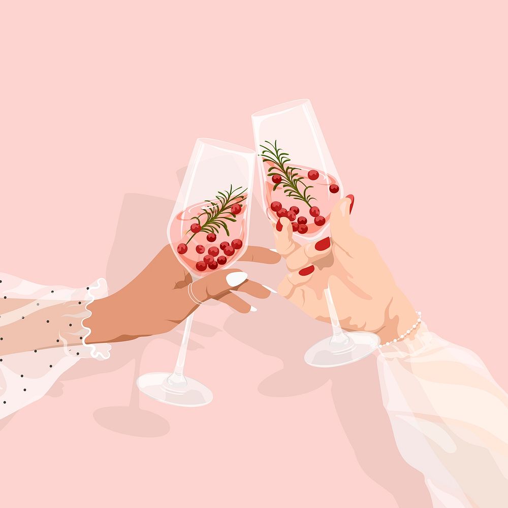 Women with champagnes, pink background, celebration illustration design