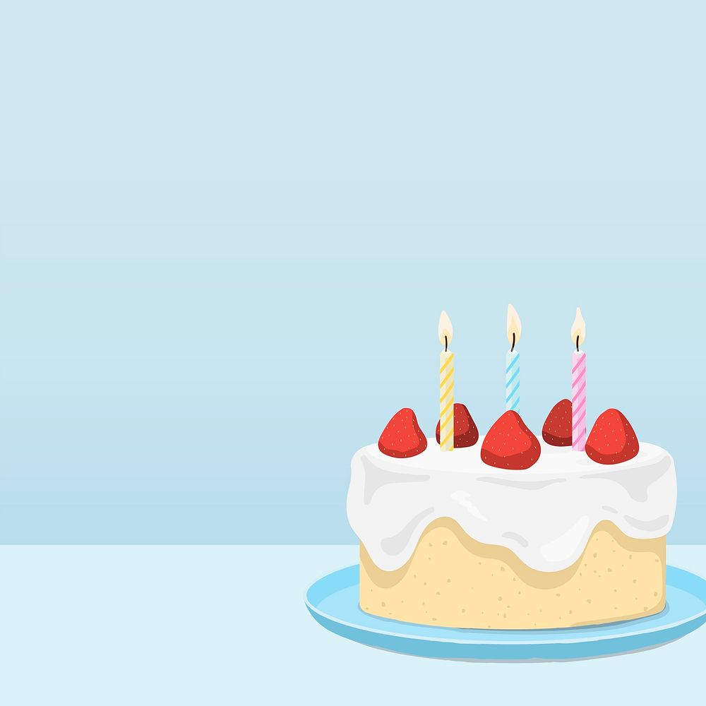 Blue background, birthday strawberry cake, food illustration design