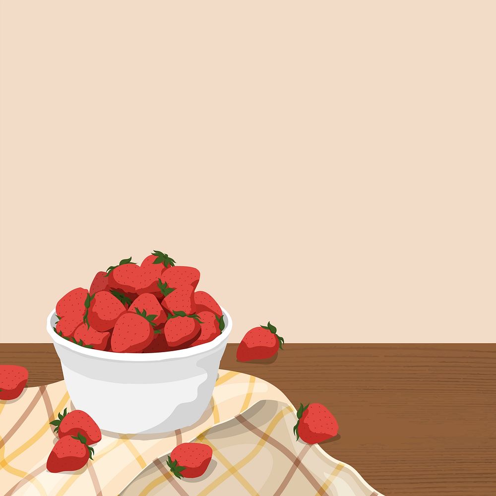 Fresh strawberries, beige background, aesthetic fruit illustration design