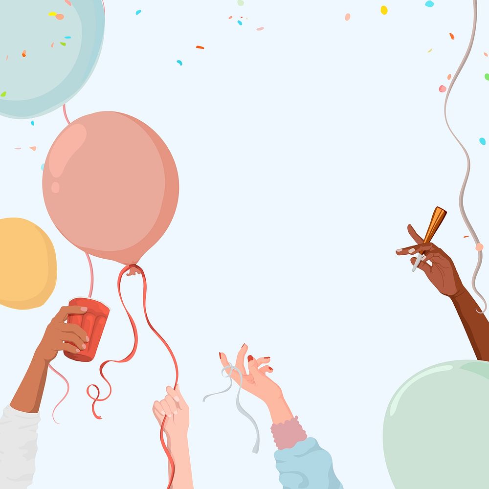 Blue background, party border, pastel balloons, celebration illustration design