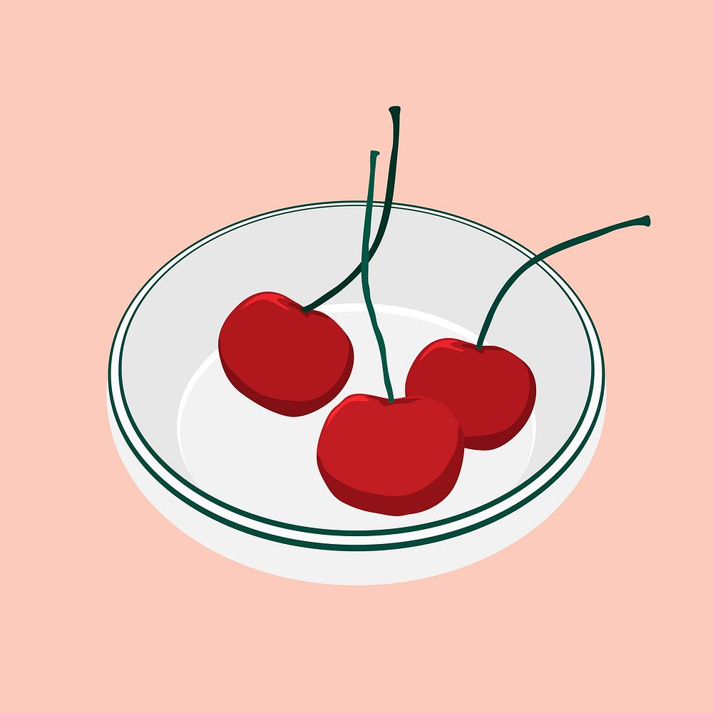 Three cherries in white cup, fruit illustration design