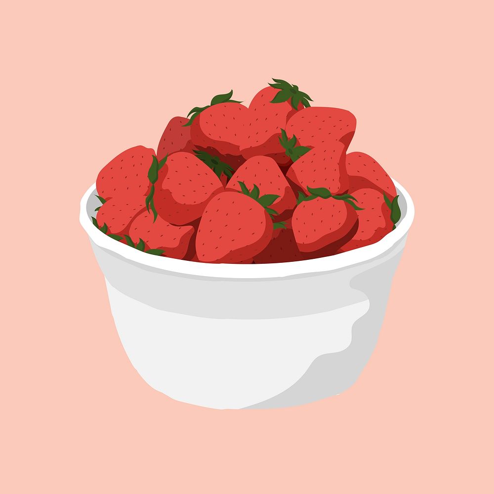 Strawberries in white bowl sticker, fruit illustration design psd