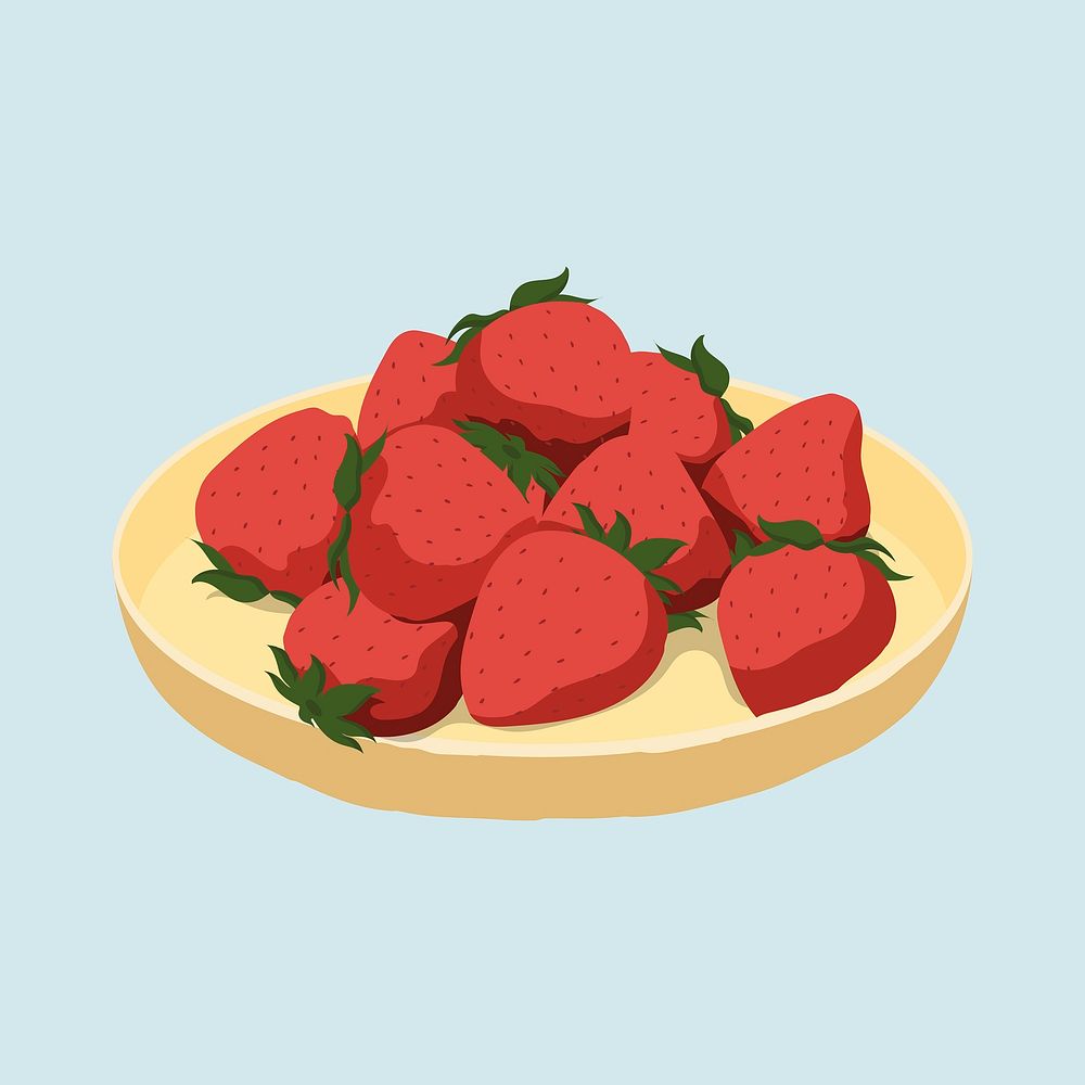 Fresh strawberries sticker, yellow plate, fruit illustration design vector