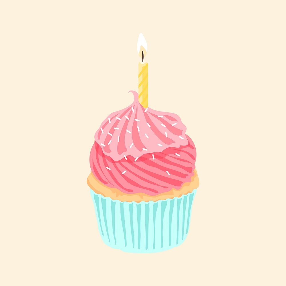 Birthday cupcake with candle, aesthetic food illustration psd