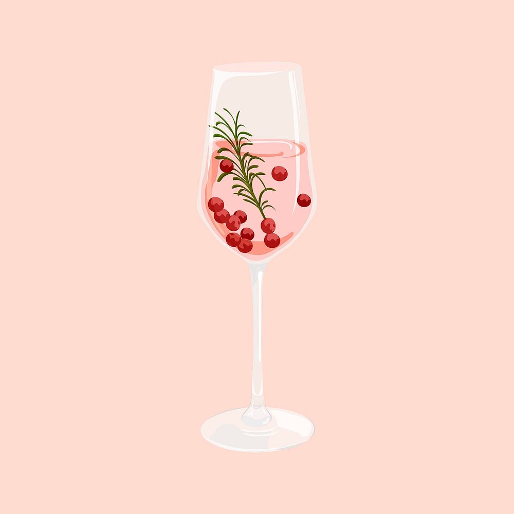 Glass of cranberry rosemary prosecco, drink illustration design psd