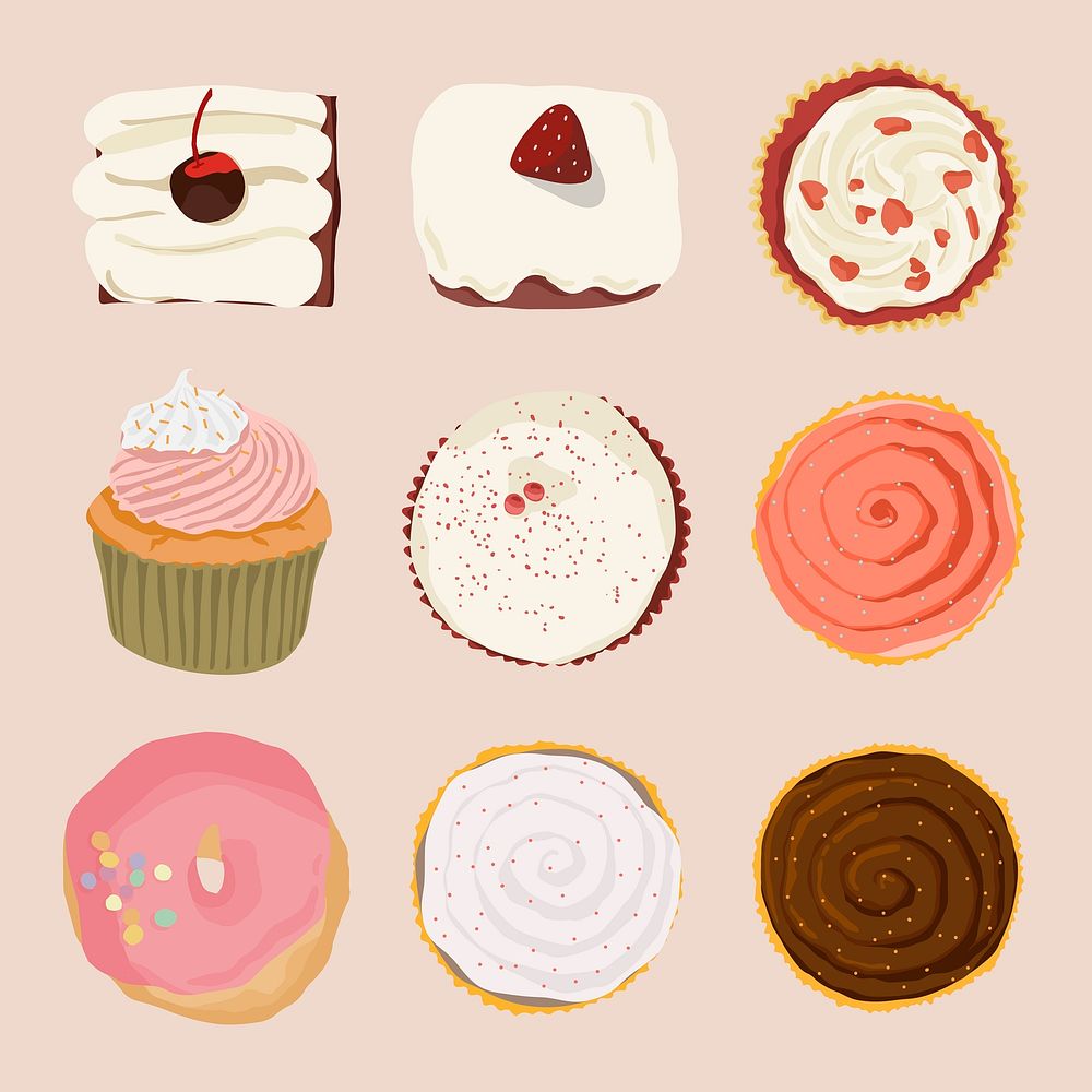 Cake illustration sticker, food collage element set vector