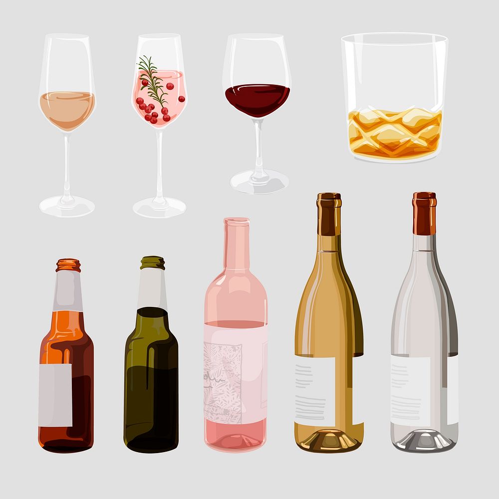 Alcoholic drink sticker, bottle and glass set, beverage illustration design vector