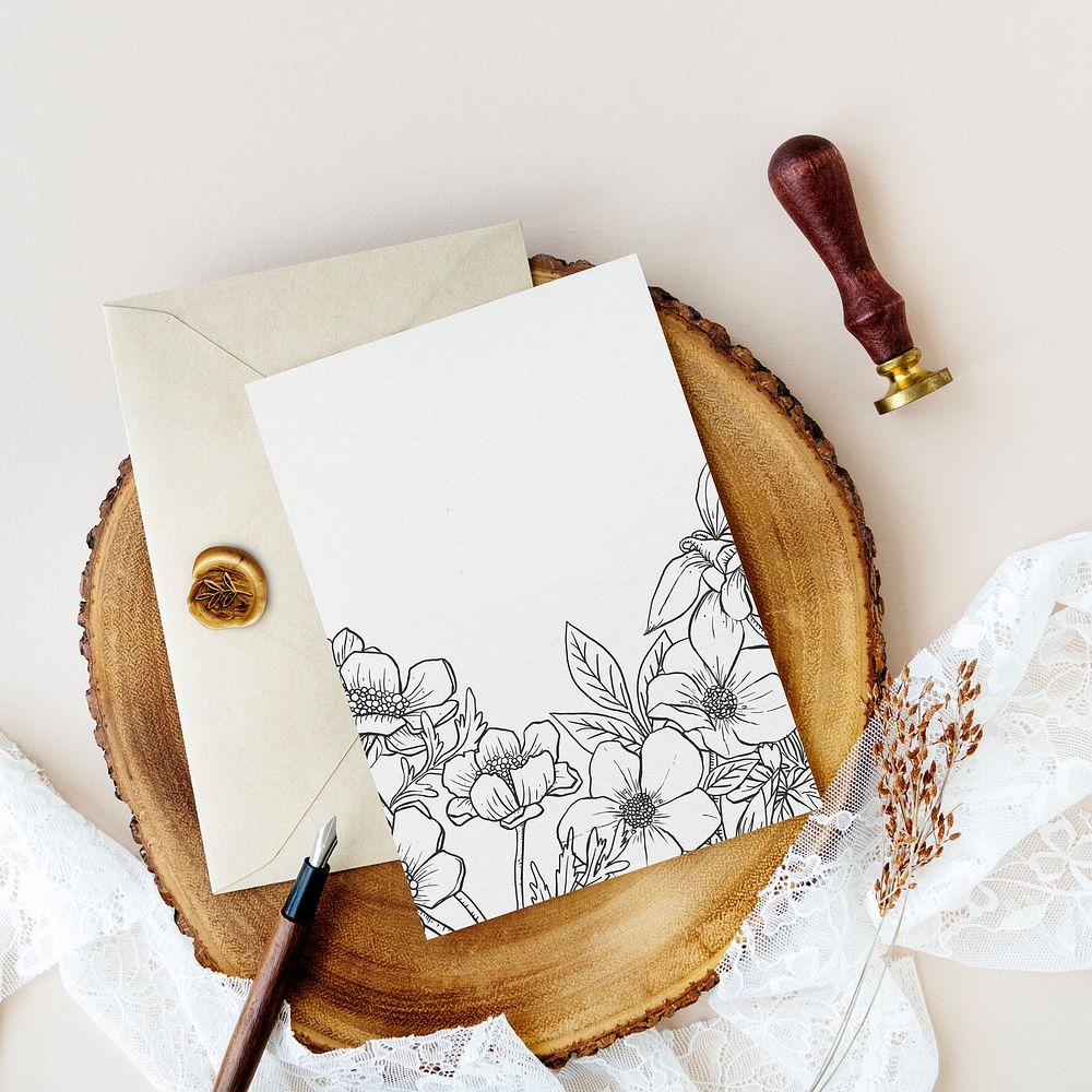 Blank floral wedding invitation card, beige envelope