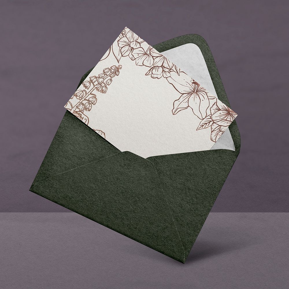 Blank floral wedding invitation card, green envelope