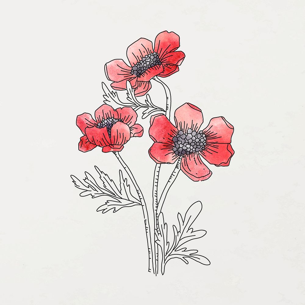 Botanical watercolor line art sticker, aesthetic flower element on beige background vector