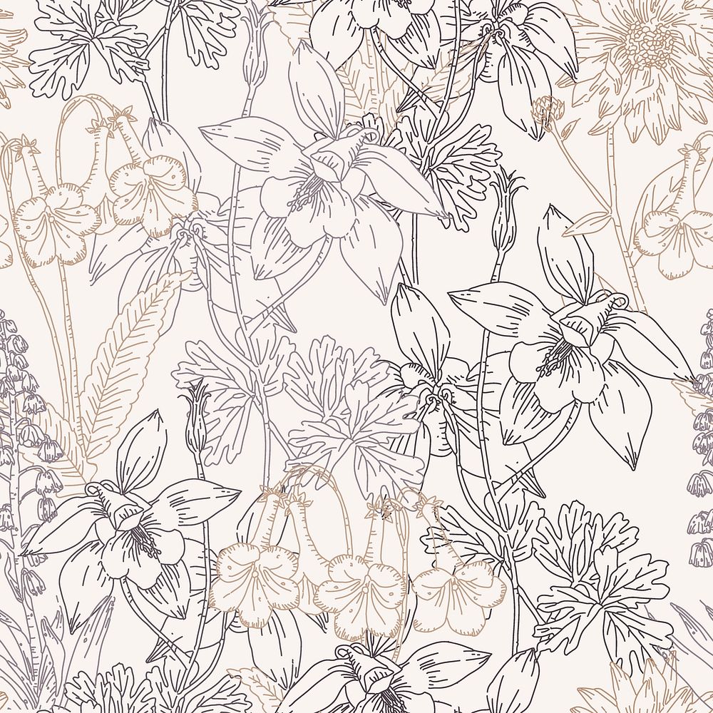 Line art seamless floral pattern, neutral color aesthetic graphic design vector