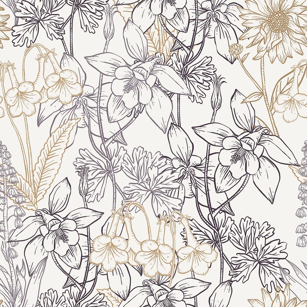 Line art seamless floral pattern, neutral color aesthetic graphic design psd