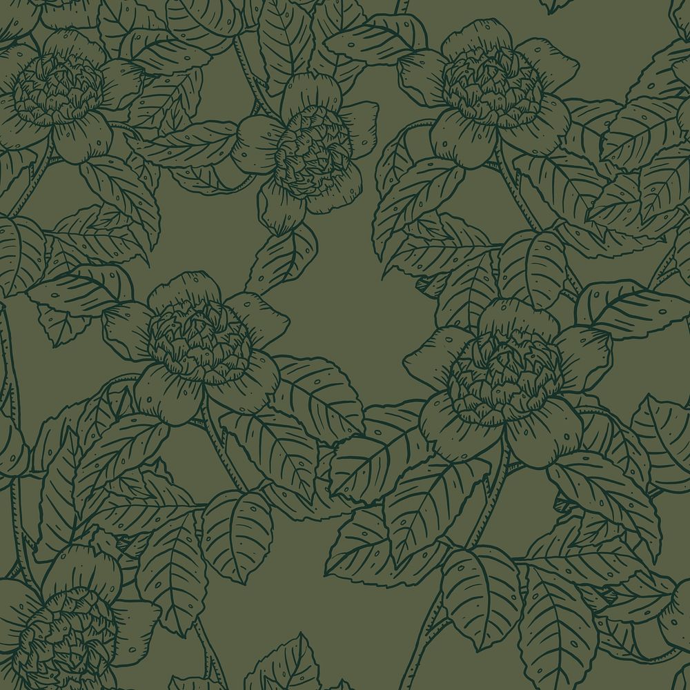 Green floral line art pattern background, seamless hand drawn design