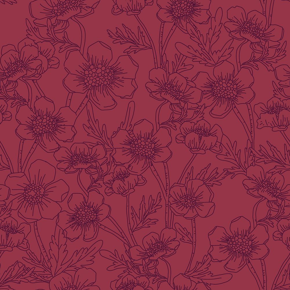 Line art seamless floral pattern, burgundy aesthetic graphic design vector