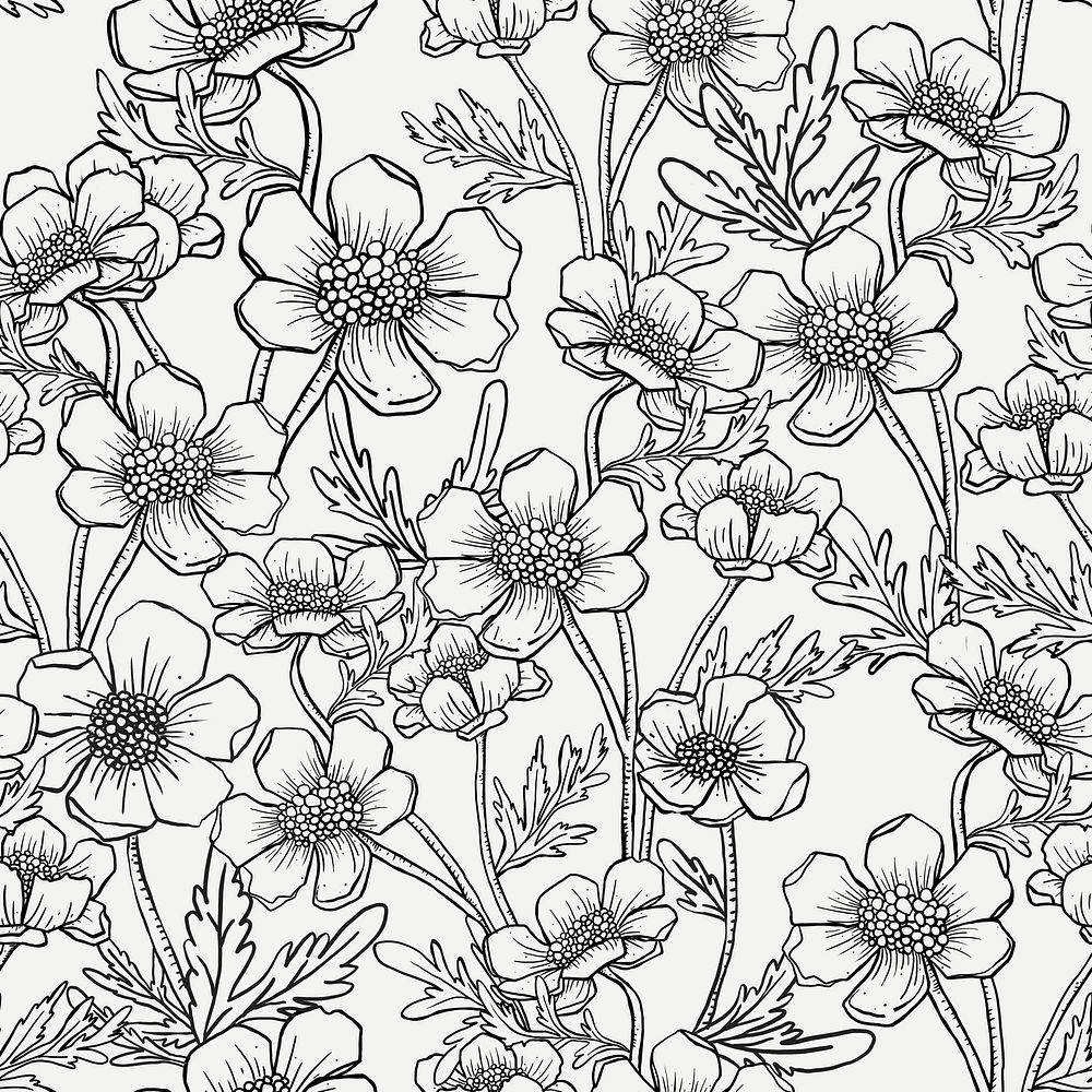 Aesthetic line art pattern background, seamless botanical black and white design