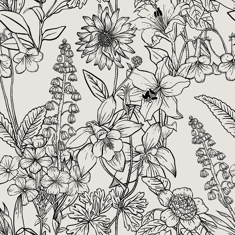 Aesthetic line art pattern background, seamless botanical black and white design