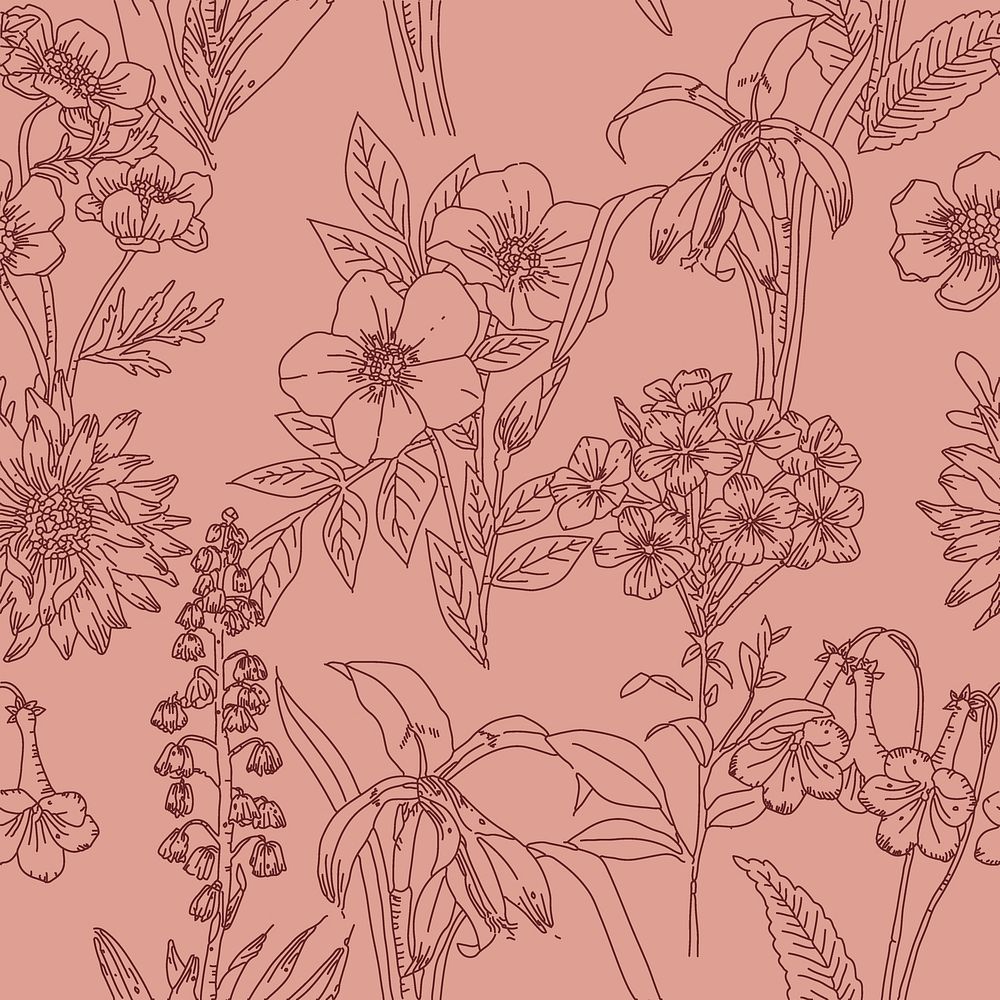 Line art seamless floral pattern, pink aesthetic graphic design vector