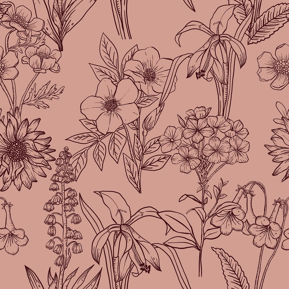 Line art seamless floral pattern, pink aesthetic graphic design psd