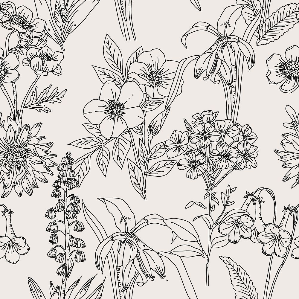 Seamless hand drawn flower background, nature pattern illustration, paintable line art vector
