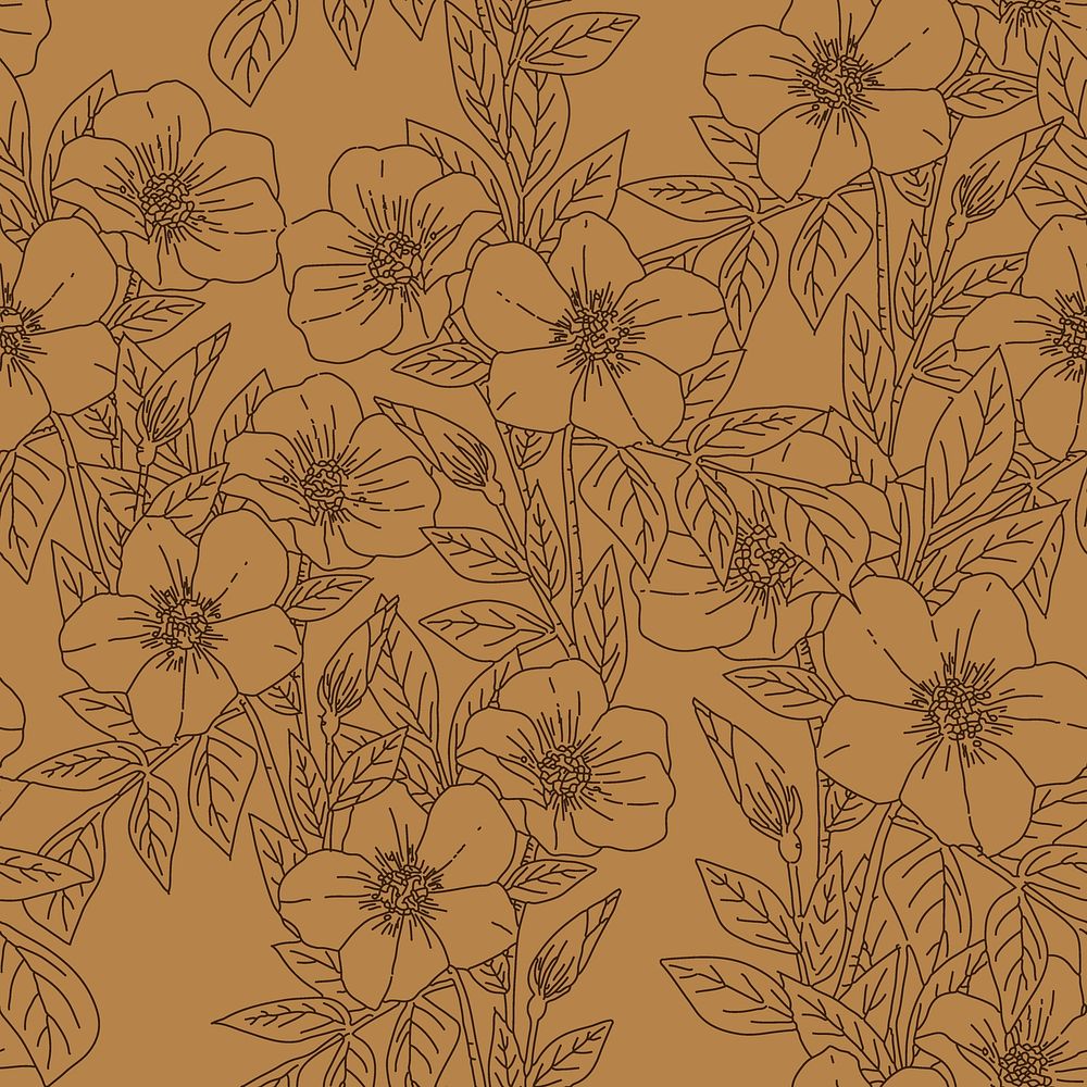 Line art seamless floral pattern, mustard yellow aesthetic graphic design