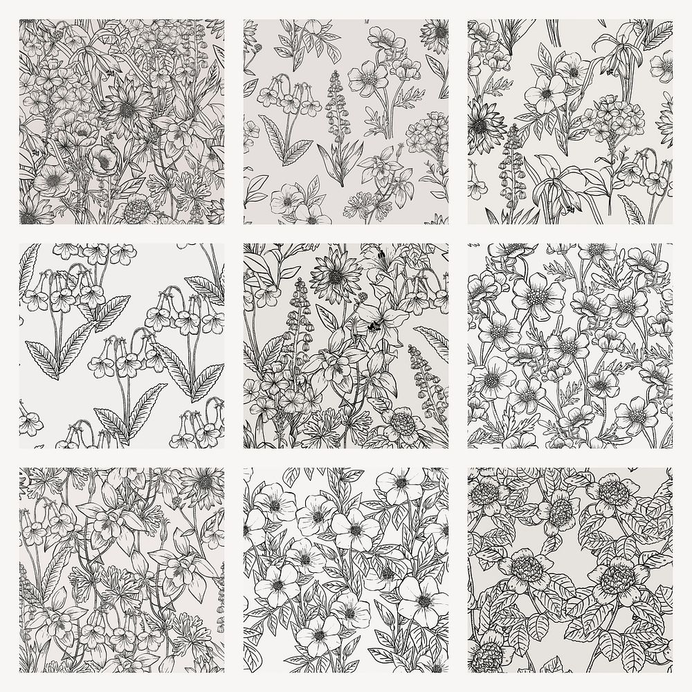Seamless floral background, aesthetic minimal hand drawn pattern design collection psd