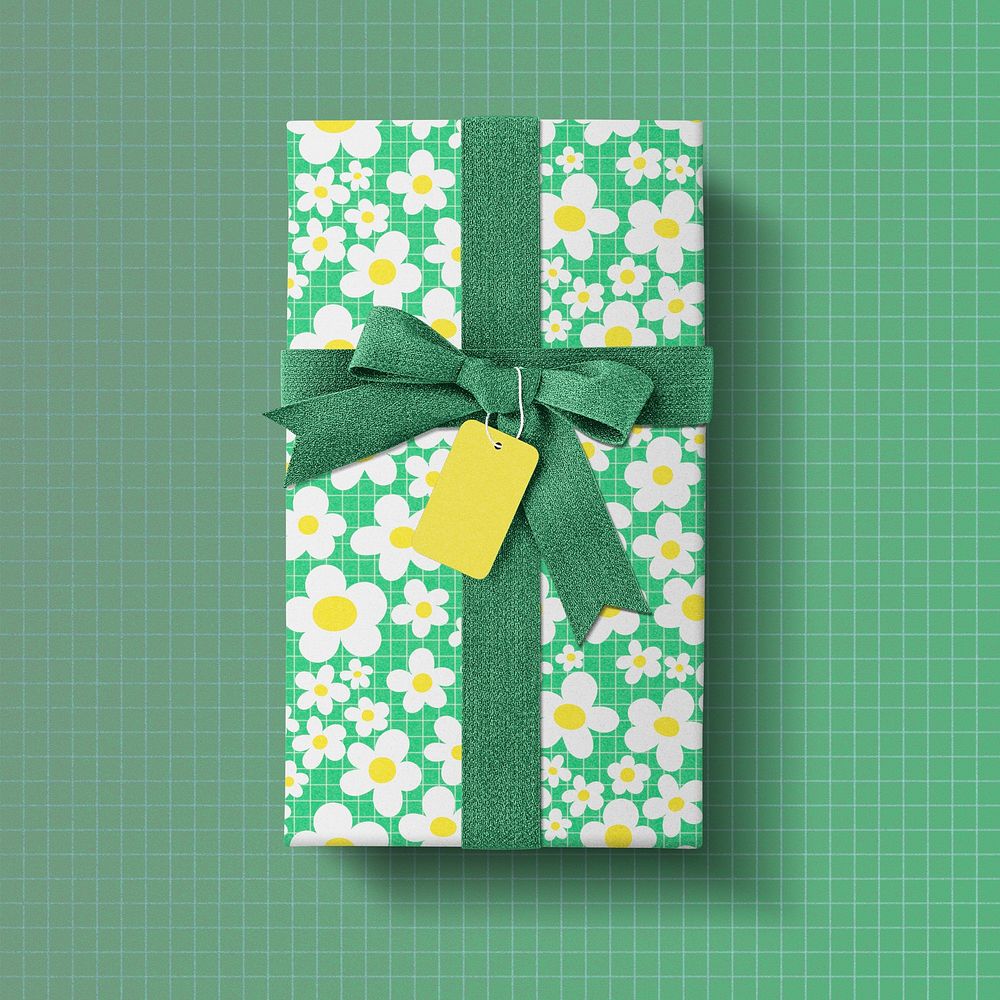 Wrapped gift box mockup, green floral packaging design psd