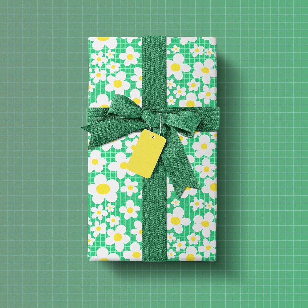 Wrapped gift box, green floral packaging design