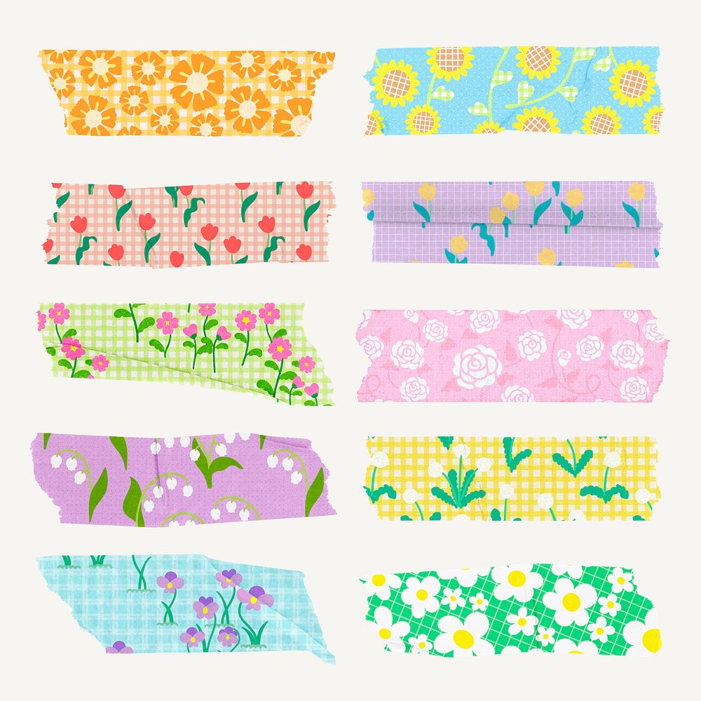 Washi tape floral collage element, colorful gingham background design set vector