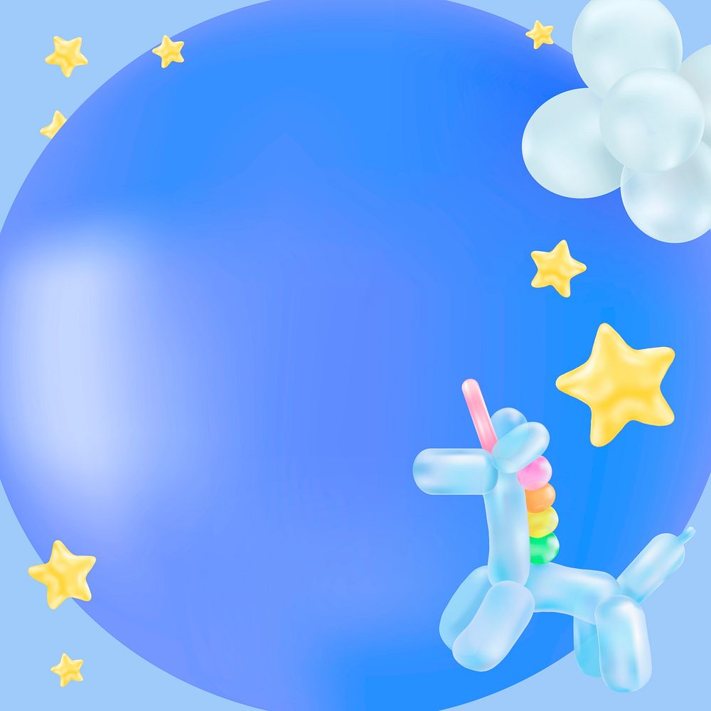 Unicorn balloon blue background, birthday party design for kids psd
