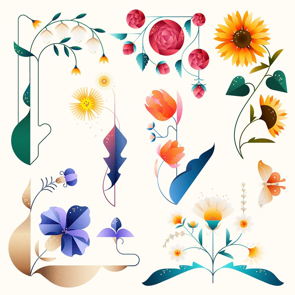 Colorful flat floral design stickers psd set