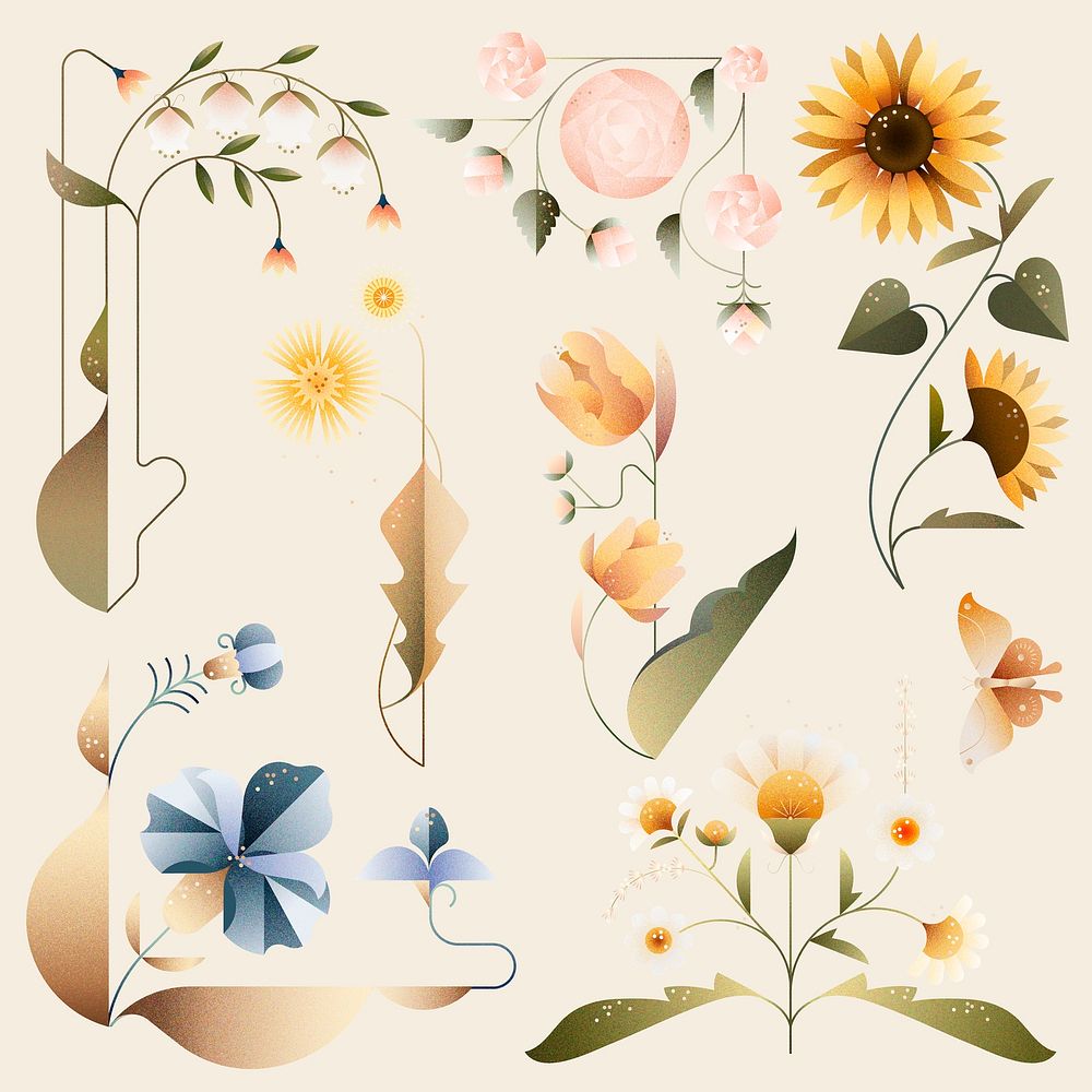 Geometric flower design element collection, botanical sticker vector