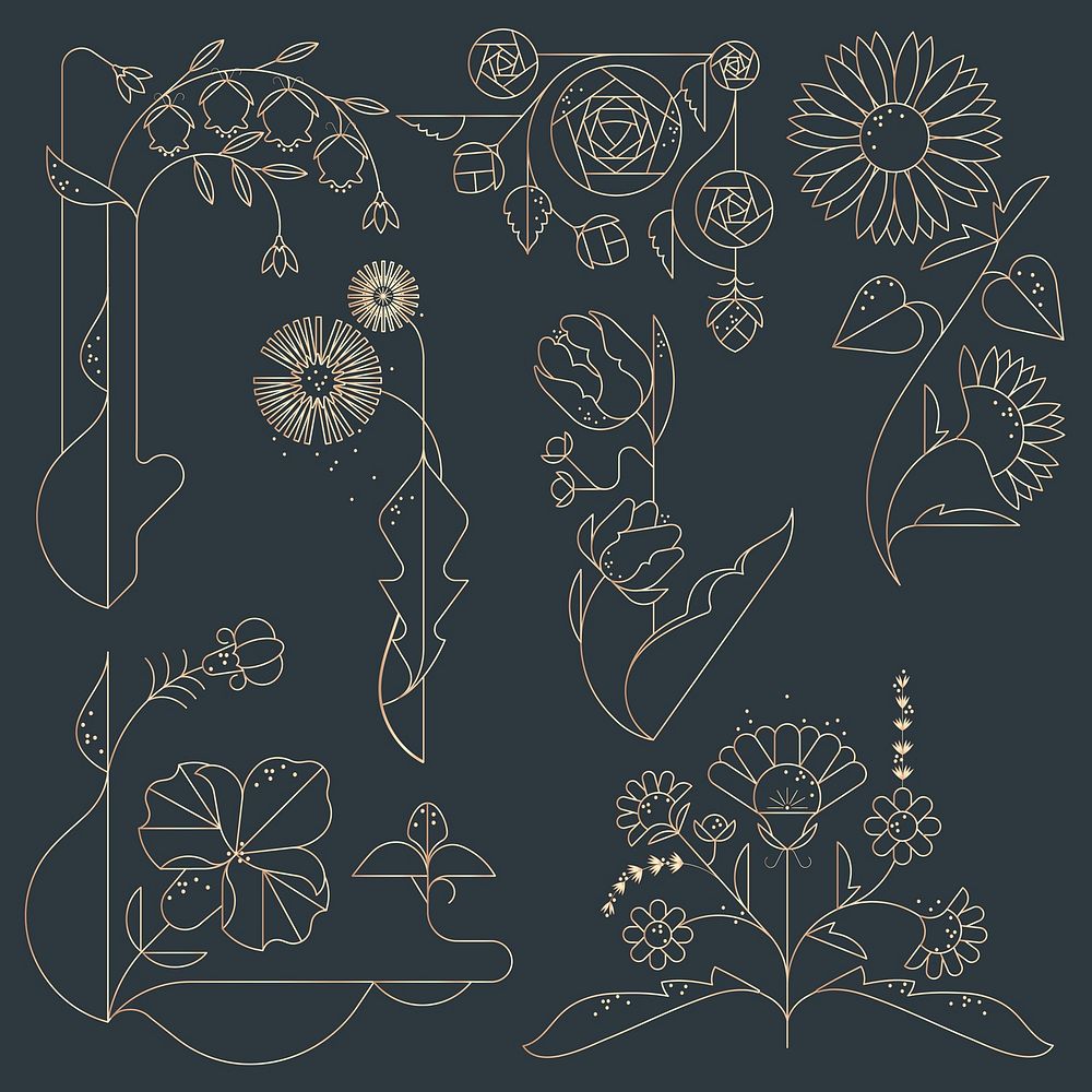 Floral line art sticker set, botanical clipart vector