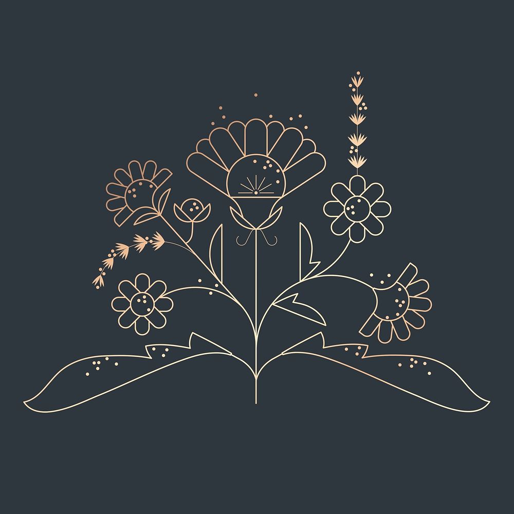 Geometric daisies line art sticker design, floral illustration psd