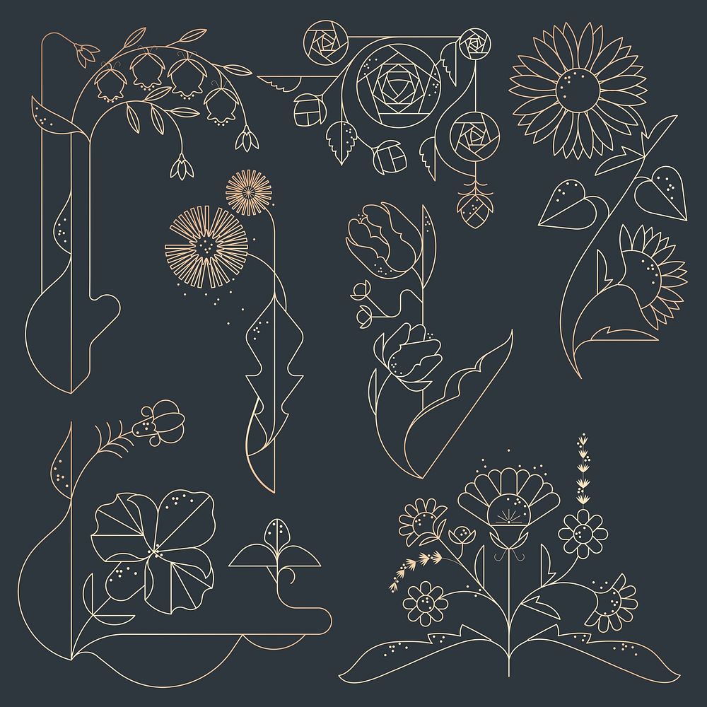 Floral gold line art sticker collection, floral clipart psd