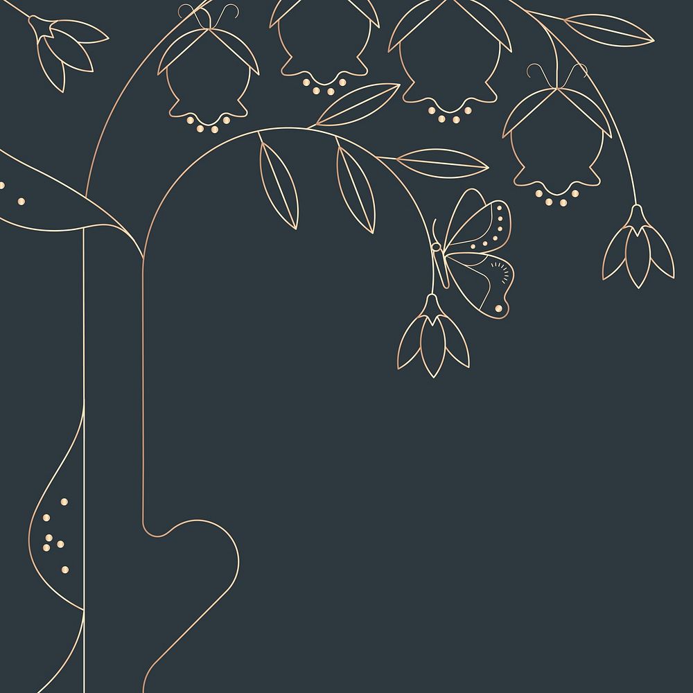 Black background, gold flower line art border design vector